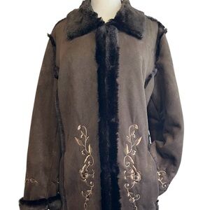DENNIS BASSO Faux Fur Trim Coat Dark Brown size S embroidered trim